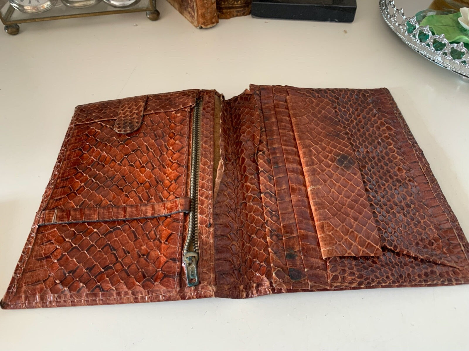 🔴 Portafoglio artigianale,porta assegni anche CASSETTO pelle serpente vintage