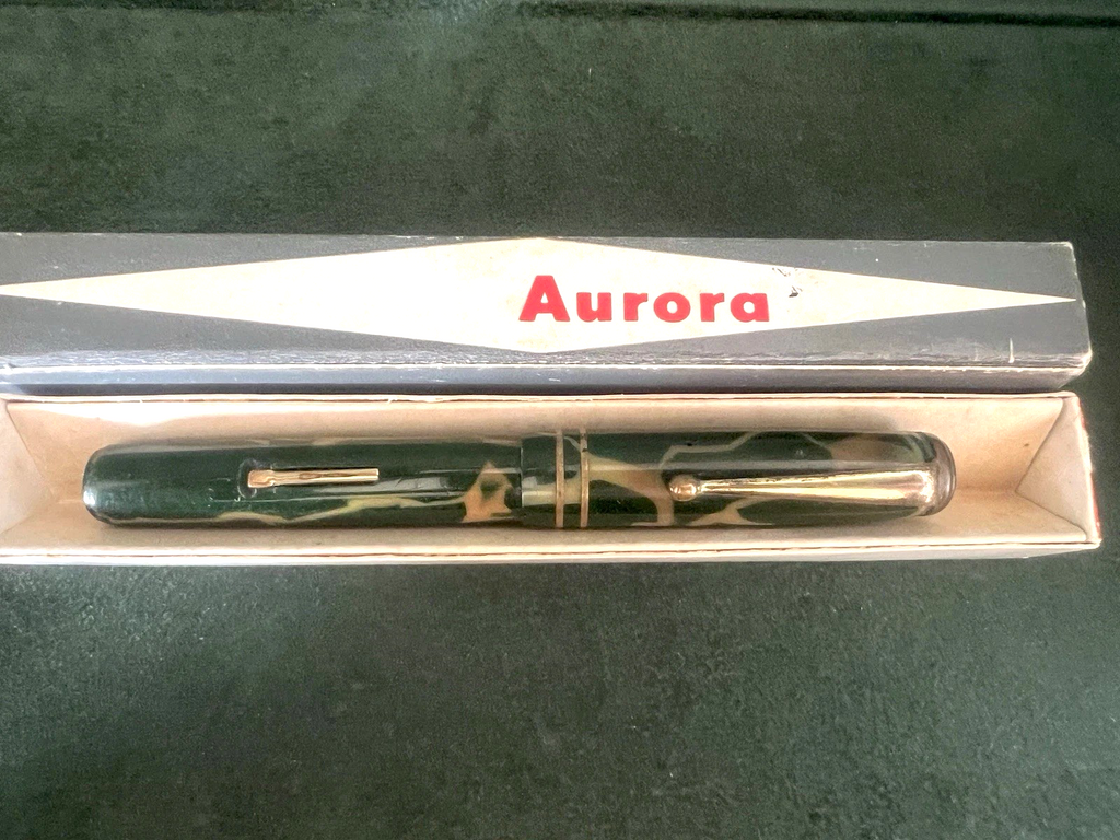 🔴 AURORA penna stilografica Novum celluloide verde leva pennino oro vintage '30