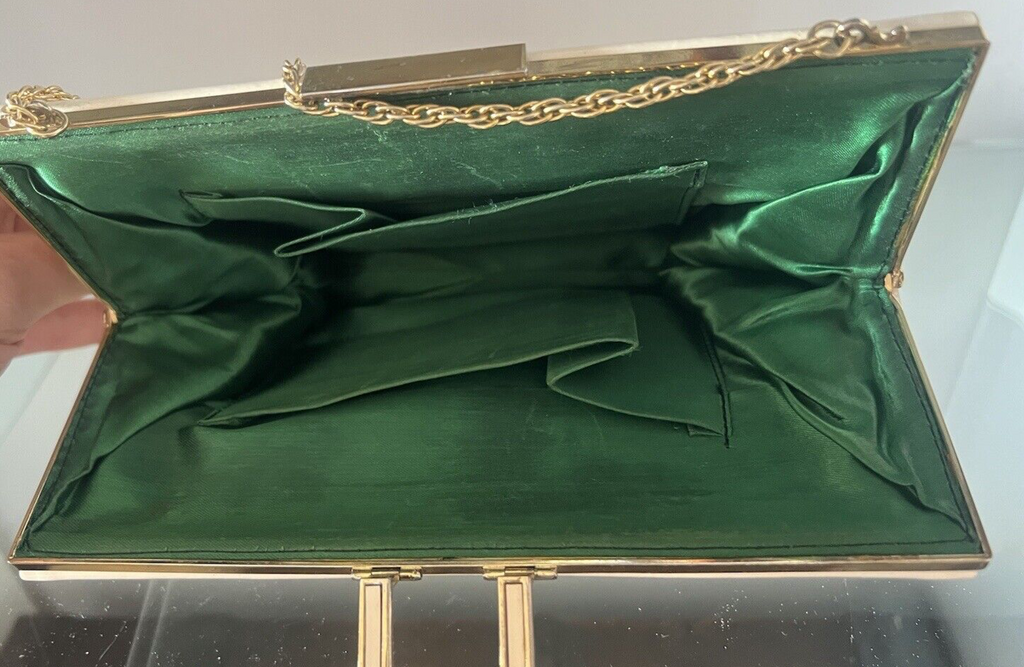 🔴 BORSA borsetta gioiello pelle VERNICE AVORIO seta verde con catena ART DECO'