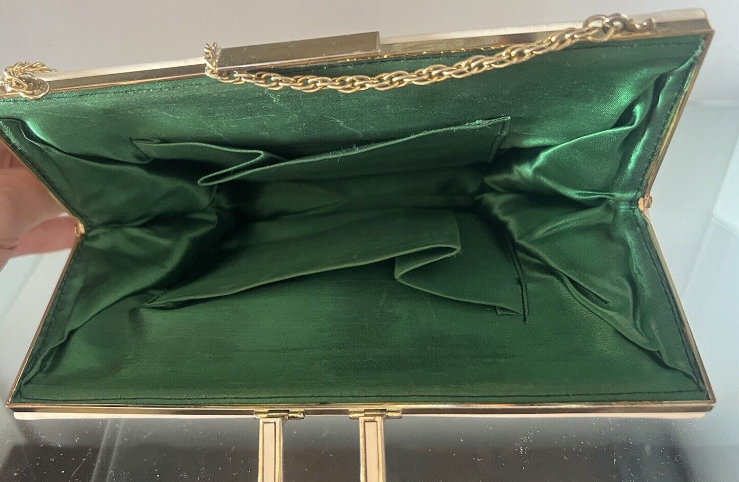 🔴 BORSA borsetta gioiello pelle VERNICE AVORIO seta verde con catena ART DECO'