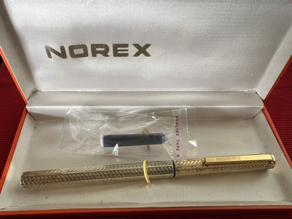🔴 NOREX penna stilografica ARGENTO MASSICCIO 925 cesellato pennino ORO 14 KT