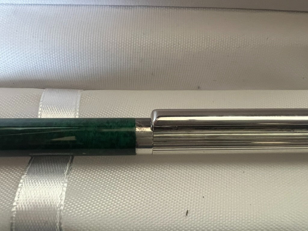 🔴 Kugelschreiber aus 925er Silber, grüner Lack, Druckknopf, schreibt Vintage 23 