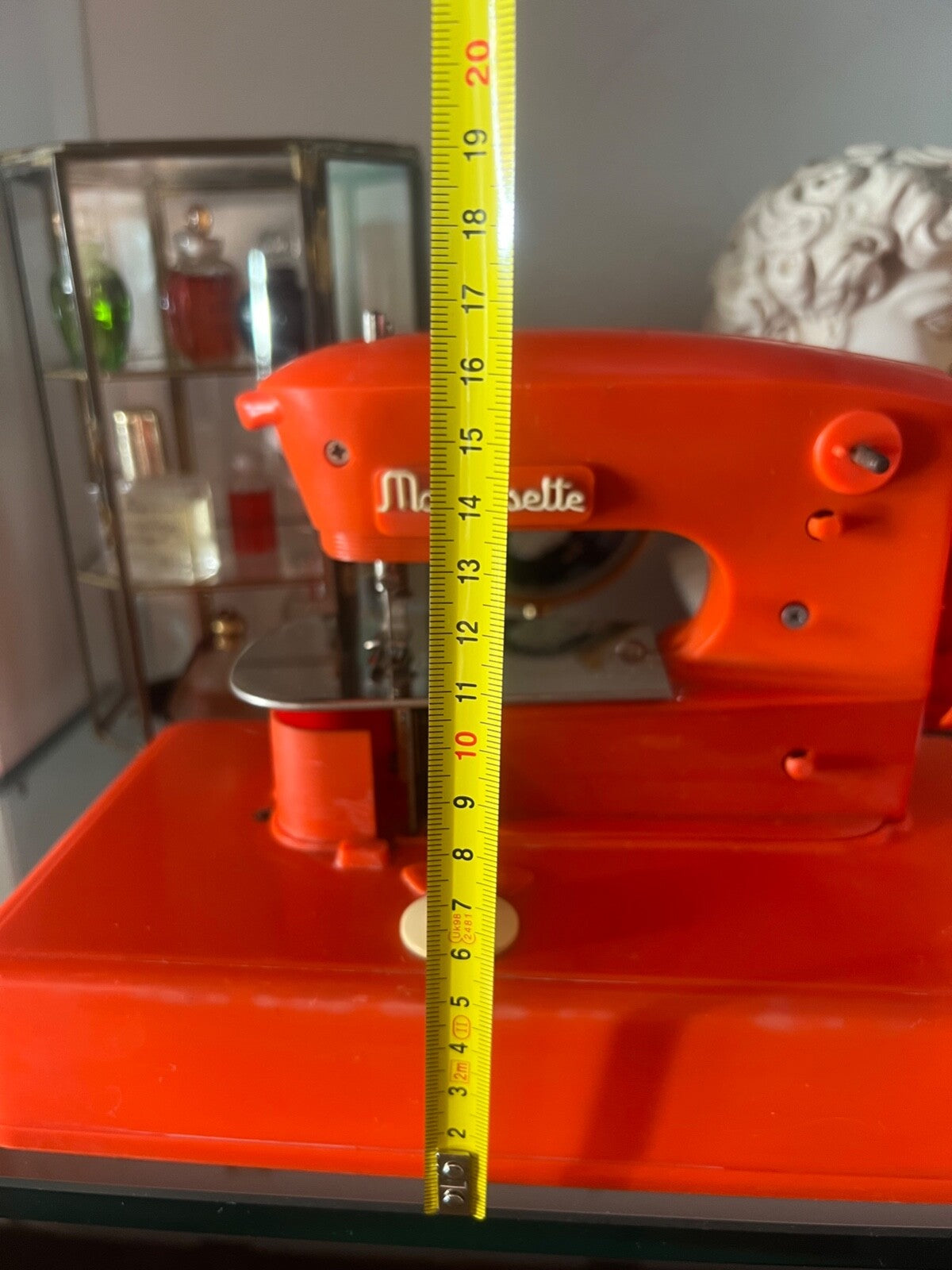 🔴 MACOUSETTE macchina cucire manovella giocattolo arancione L 25 cm vintage
