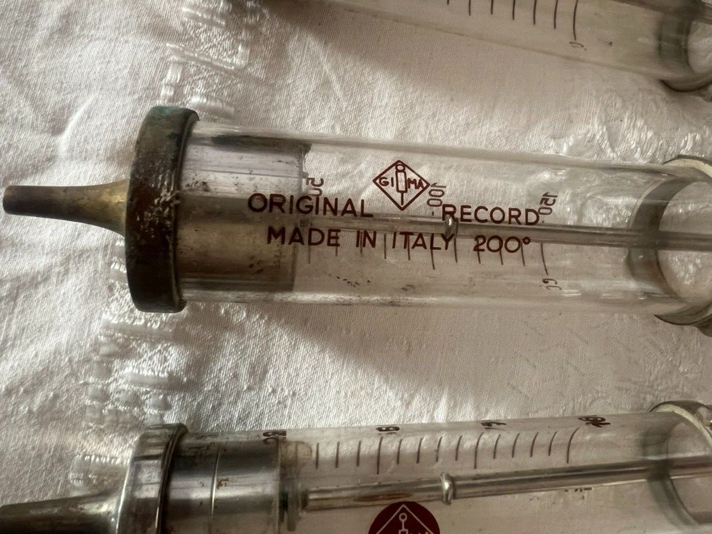 Irrigation Surgical RECORD Syringe Medical Glass Metal Lot 4 Pieces Vintage