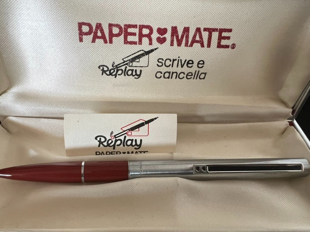 🔴 PAPERMATE penna sfera Replay cromata rossa scrive con scatola vintage