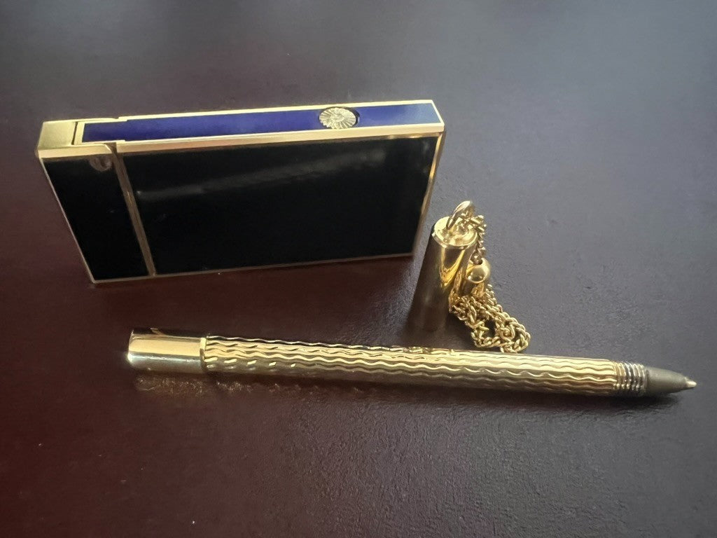 LUIS GERARD Briquet LACCA BLEU Fonctionne Et Stylo Plaqué OR 24 KT