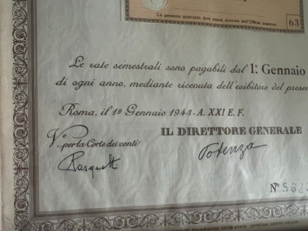 Regno Italy Debit Public Rendita Annua Roma 1943 Painting Framed Original
