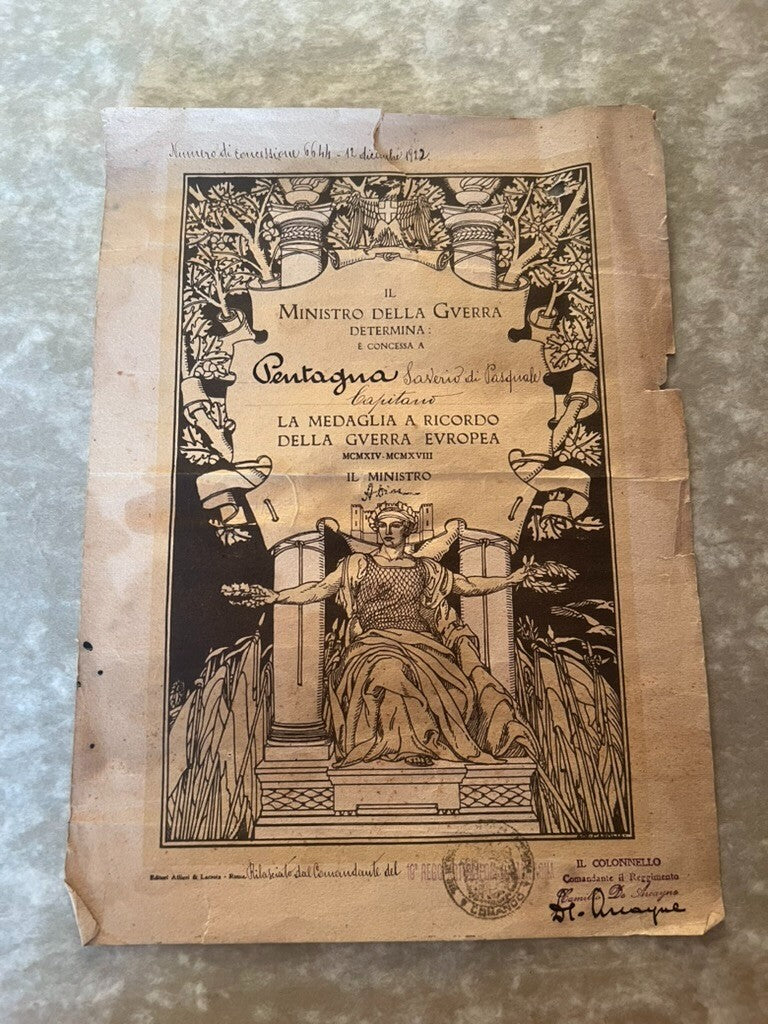 Certificat Regno D'Italie Souvenir Guerre Europeenne pour Médaille D'Origine