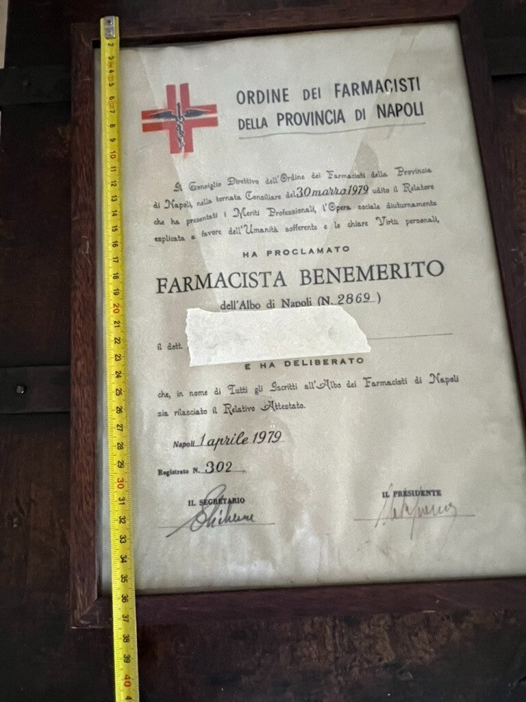 🔴 Certificate of Meritorious Pharmacist Naples 1 April 1979 with framework 
