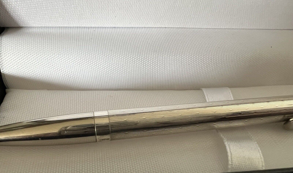 🔴 Penna sfera ARGENTO MASSICCIO 925 righe bassorilevo pulsante vintage 11