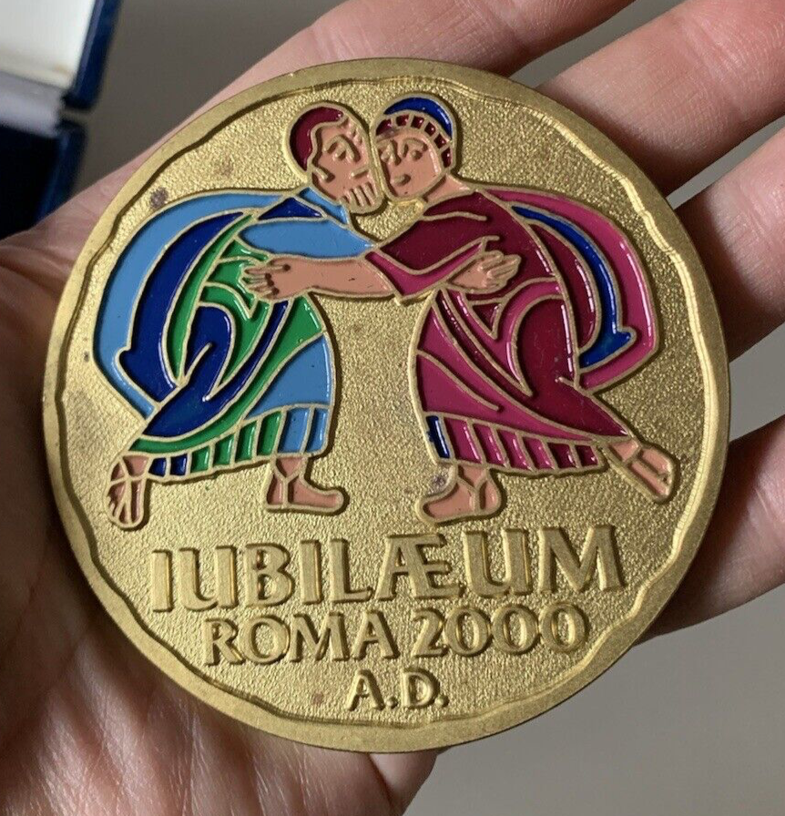 🔴 Grande medaglia GIUBILEO ROMA DEL 2000 dorata con smalti con astuccio
