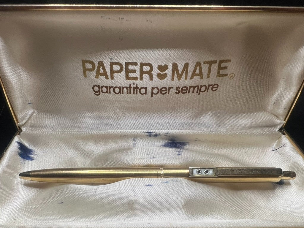 🔴 PAPERMATE penna sfera dorata scrive con scatola vintage
