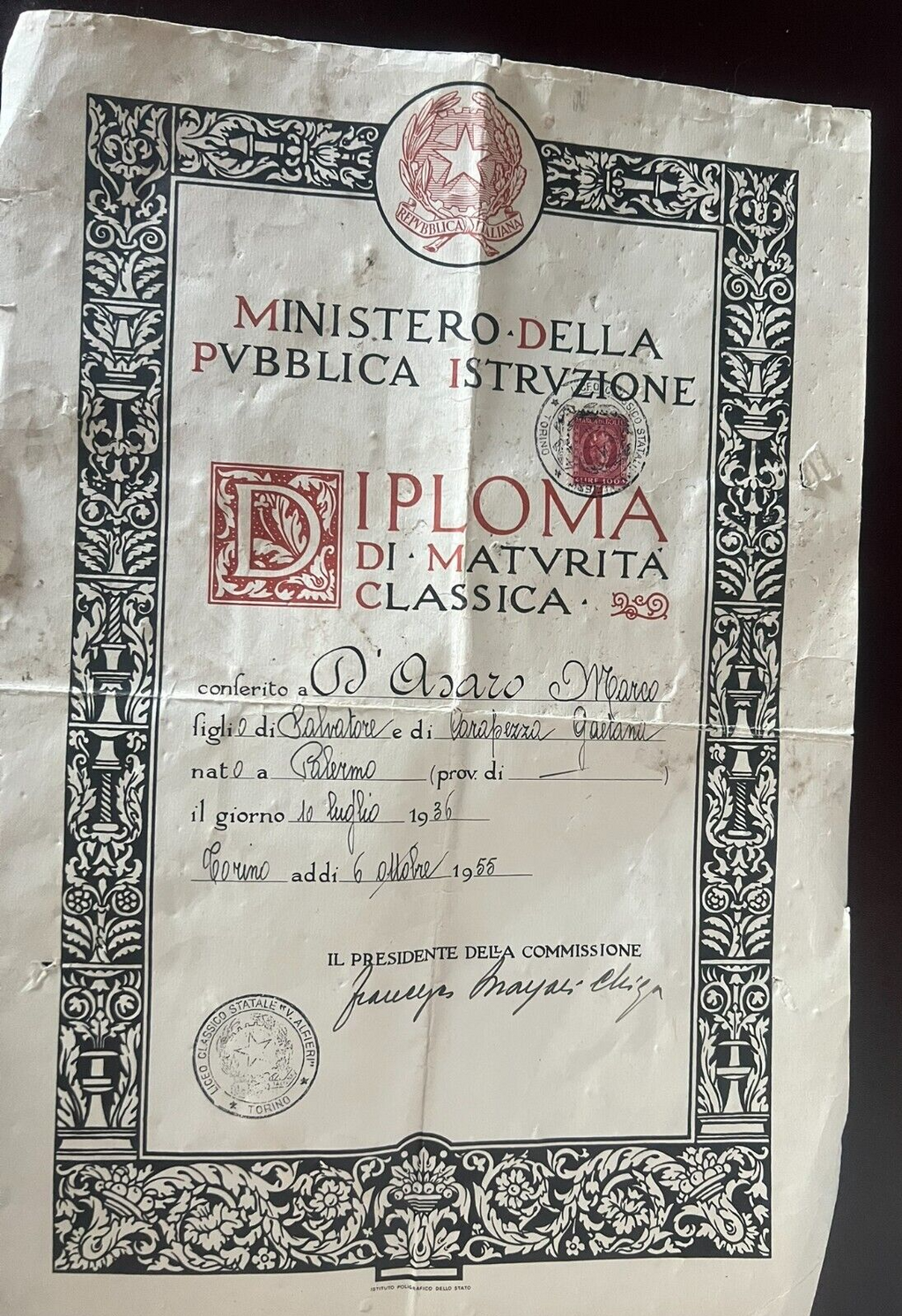 Diplôme Abiball Classique Italien Avec Timbre Tampon Torchon 6 Octobre 1955