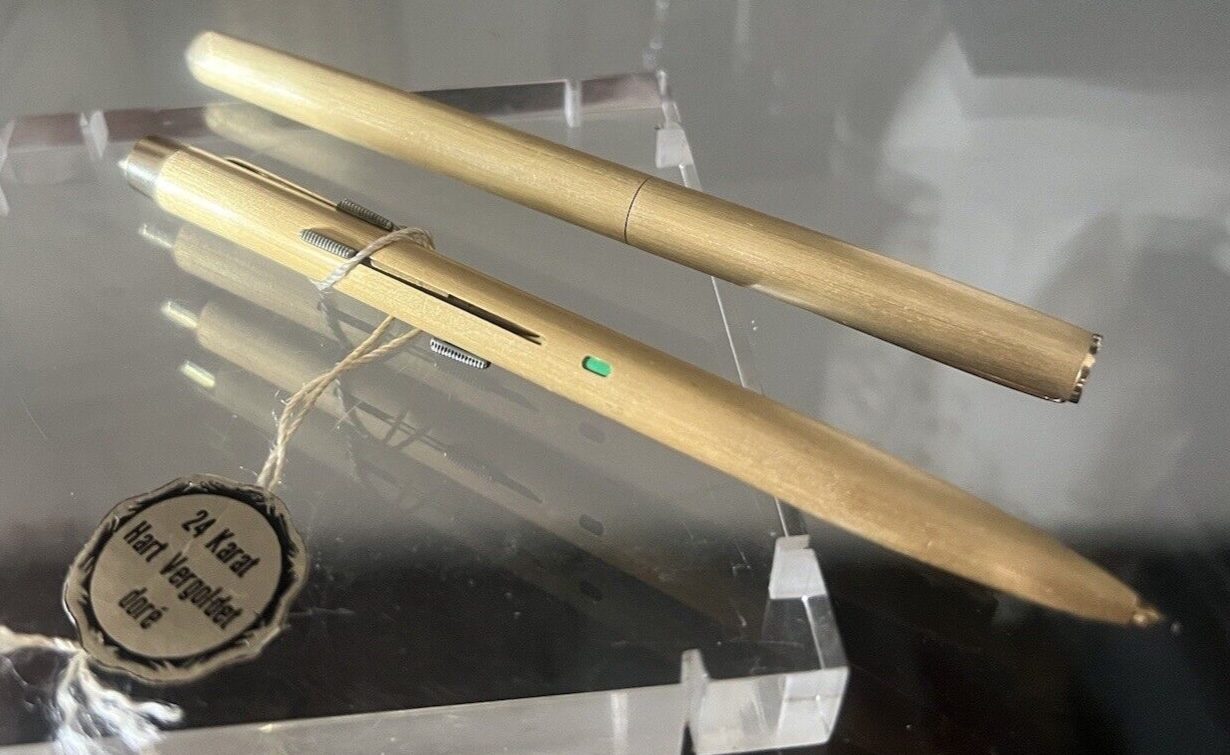 🔴 Penna sfera 4 colori LAMINATE ORO 24 CARATI + ROLLER astuccio pelle vintage