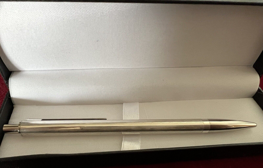🔴 Penna sfera ARGENTO MASSICCIO 925 righe bassorilevo pulsante vintage 11