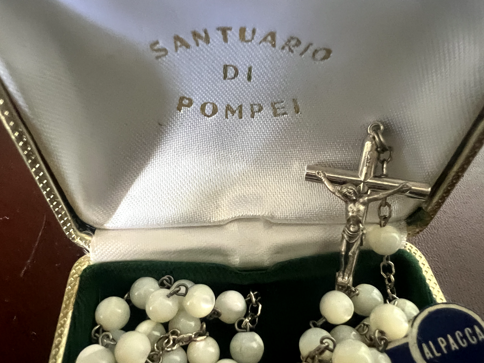 🔴 Rosario collana MADONNA DI POMPEI alpacca con astuccio effetto madreperla