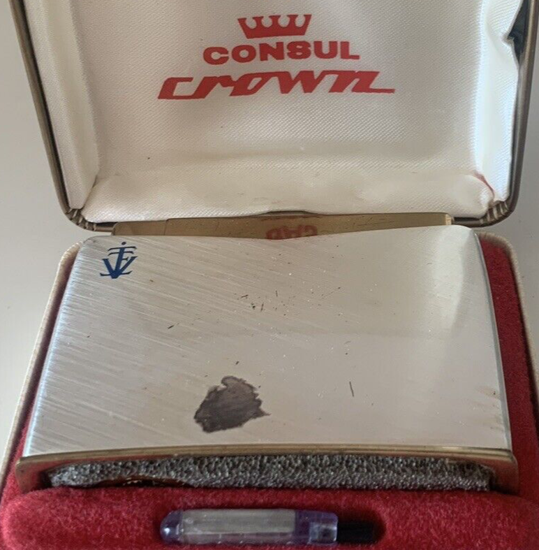 🔴 CONSUL CROWN accendino a gas con astuccio ed istruzioni FUNZIONANTE vintage