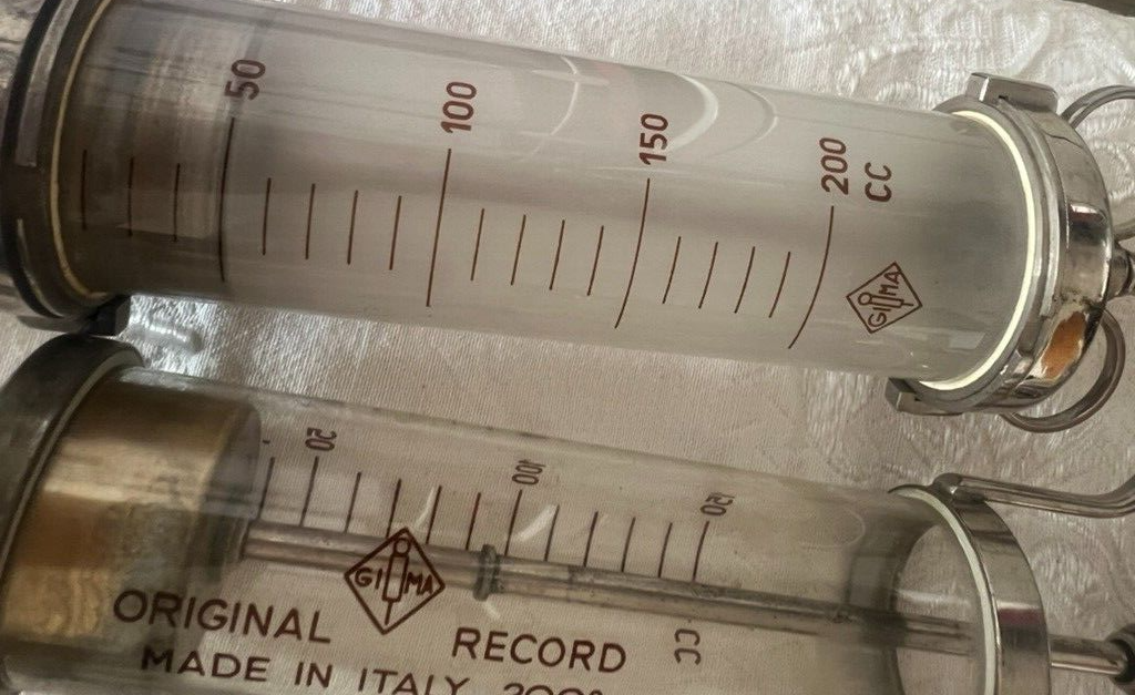 Irrigation Surgical RECORD Syringe Medical Glass Metal Lot 4 Pieces Vintage