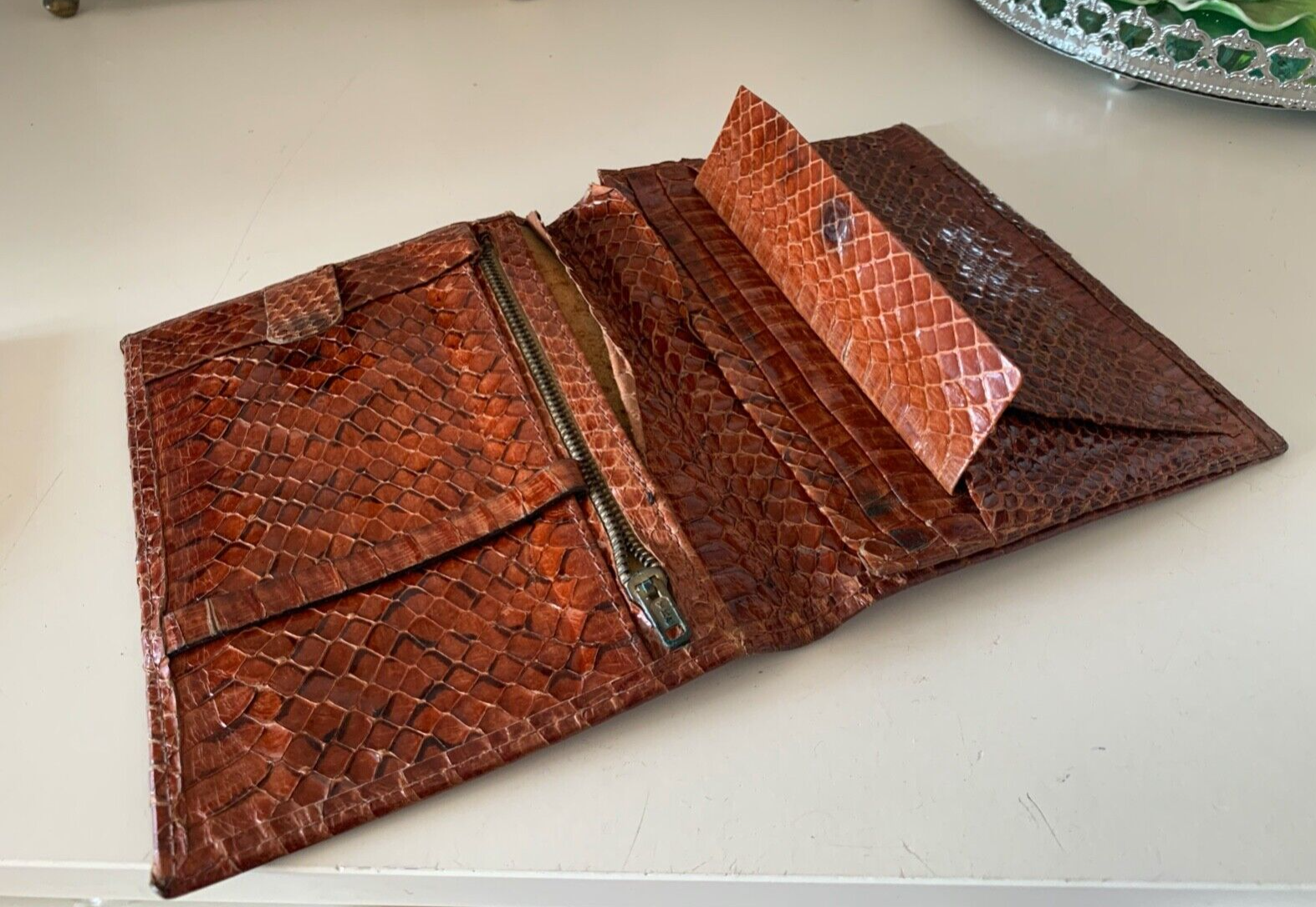 🔴 Portafoglio artigianale,porta assegni anche CASSETTO pelle serpente vintage