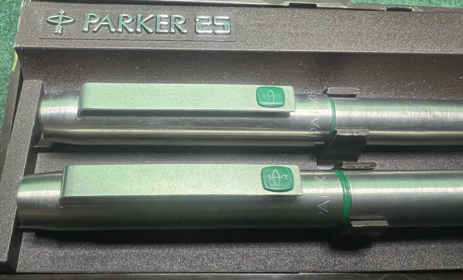 🔴 PARKER fountain pen 25 MKI GREEN clip and ballpoint set write vintage RARE 