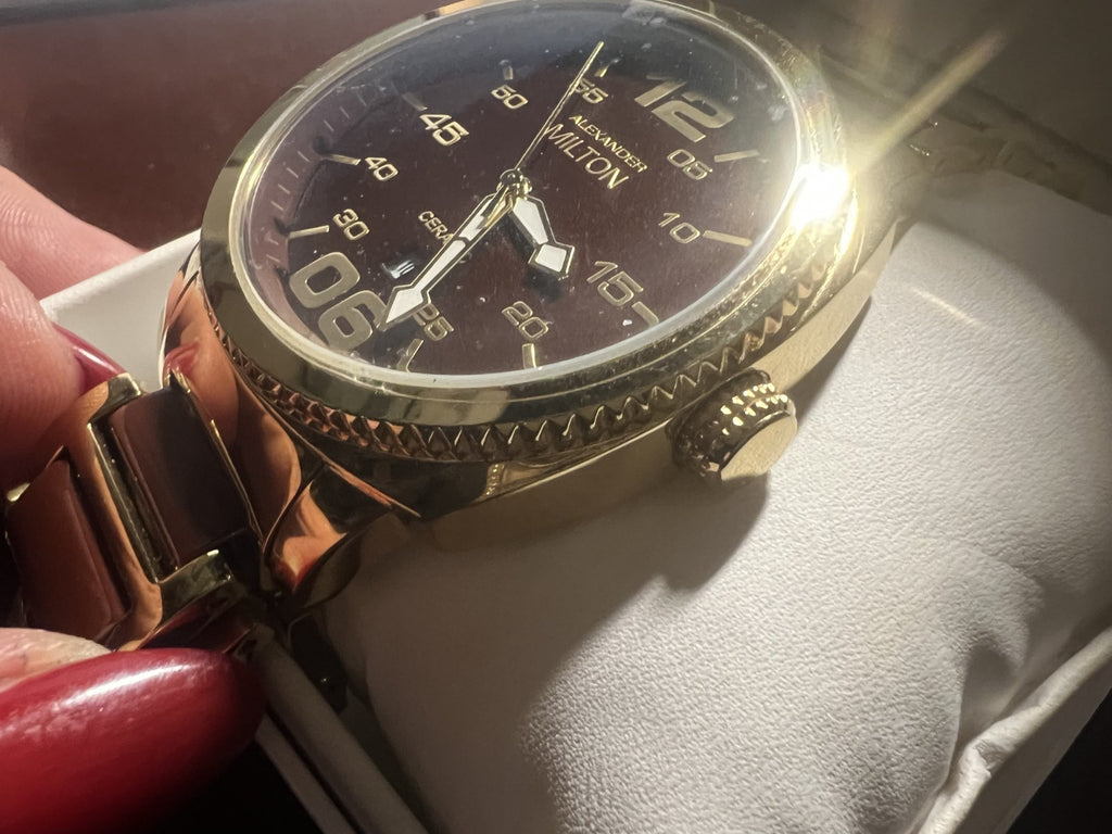 ALEXANDER MILTON Montre Hommes Plaqué Or Céramique Quartz 3 Atm NOS 