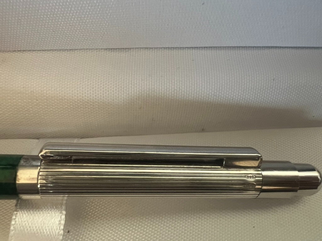 🔴 Kugelschreiber aus 925er Silber, grüner Lack, Druckknopf, schreibt Vintage 23 