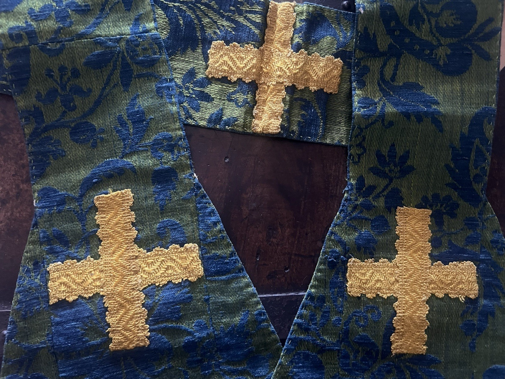 🔴 STOLA LITURGICA cattolica ricamata a mano broccato verde blu Croci XIX/XX sec