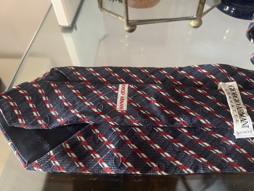 🔴 GIORGIO ARMANI cravatta uomo seta pura strisce trasversali blu rosse bianche