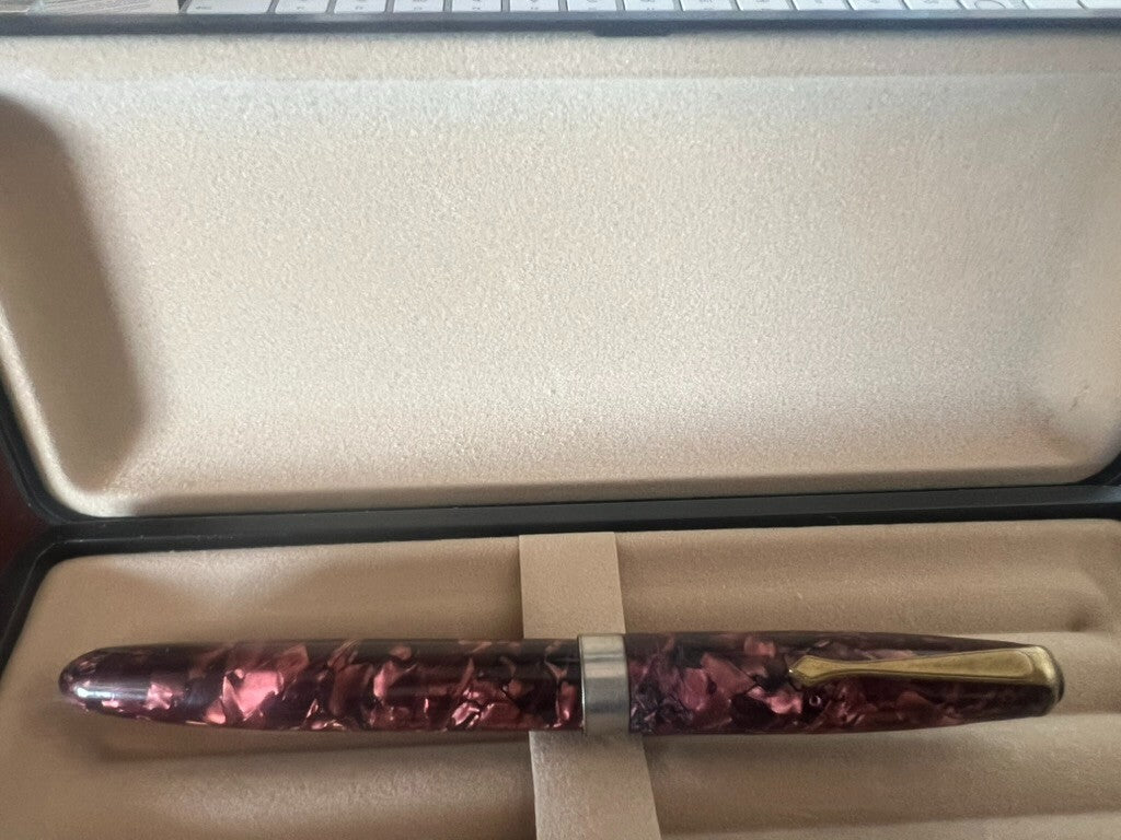 Stift Füllfederhalter Zelluloid Bordeaux Mit Knopf Langlauf Schreibt Vintage