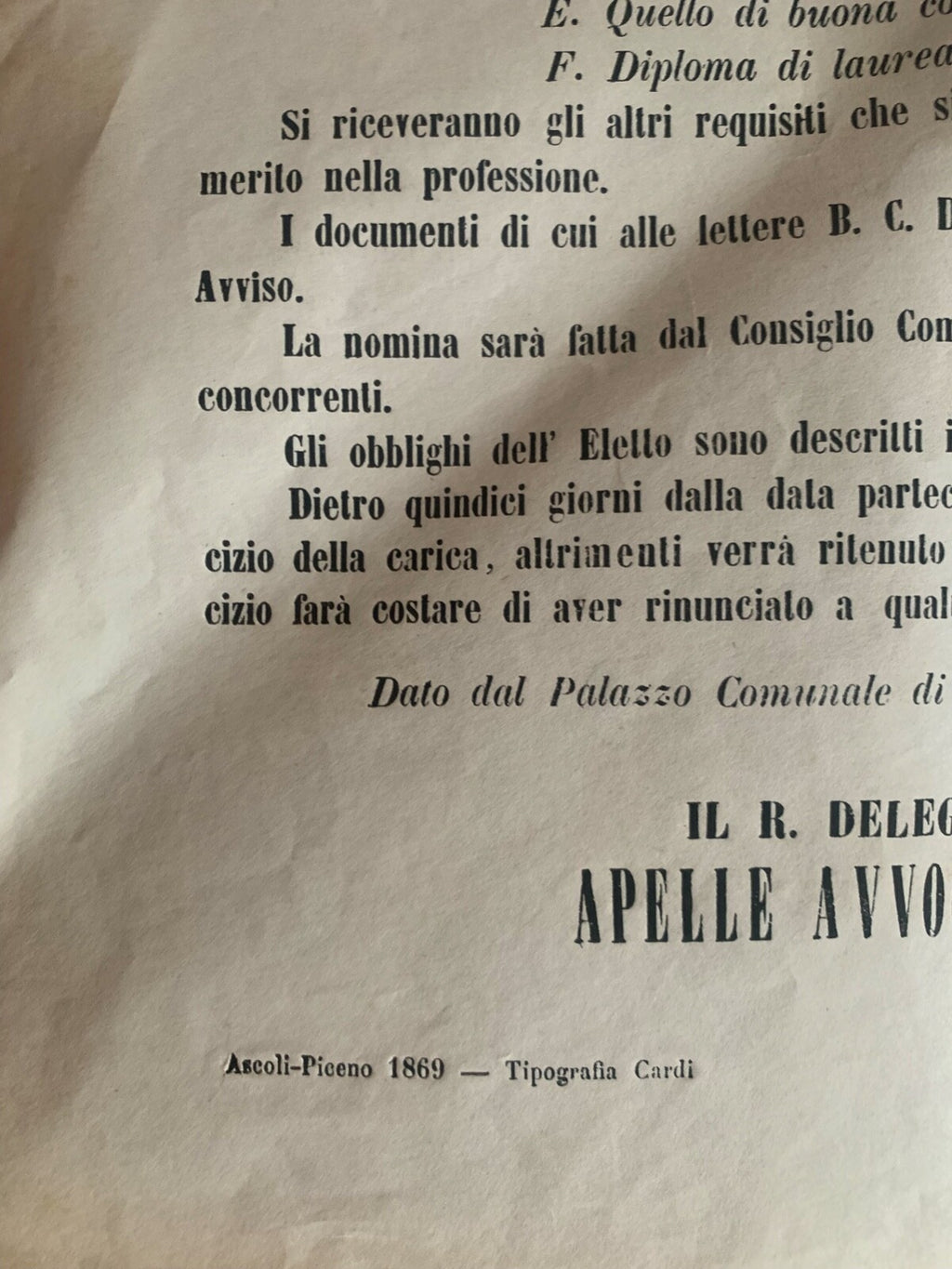 🔴 Stampa Avviso di concorso di Ascoli Piceno MEDICINA E CHIRURGIA epoca 1869