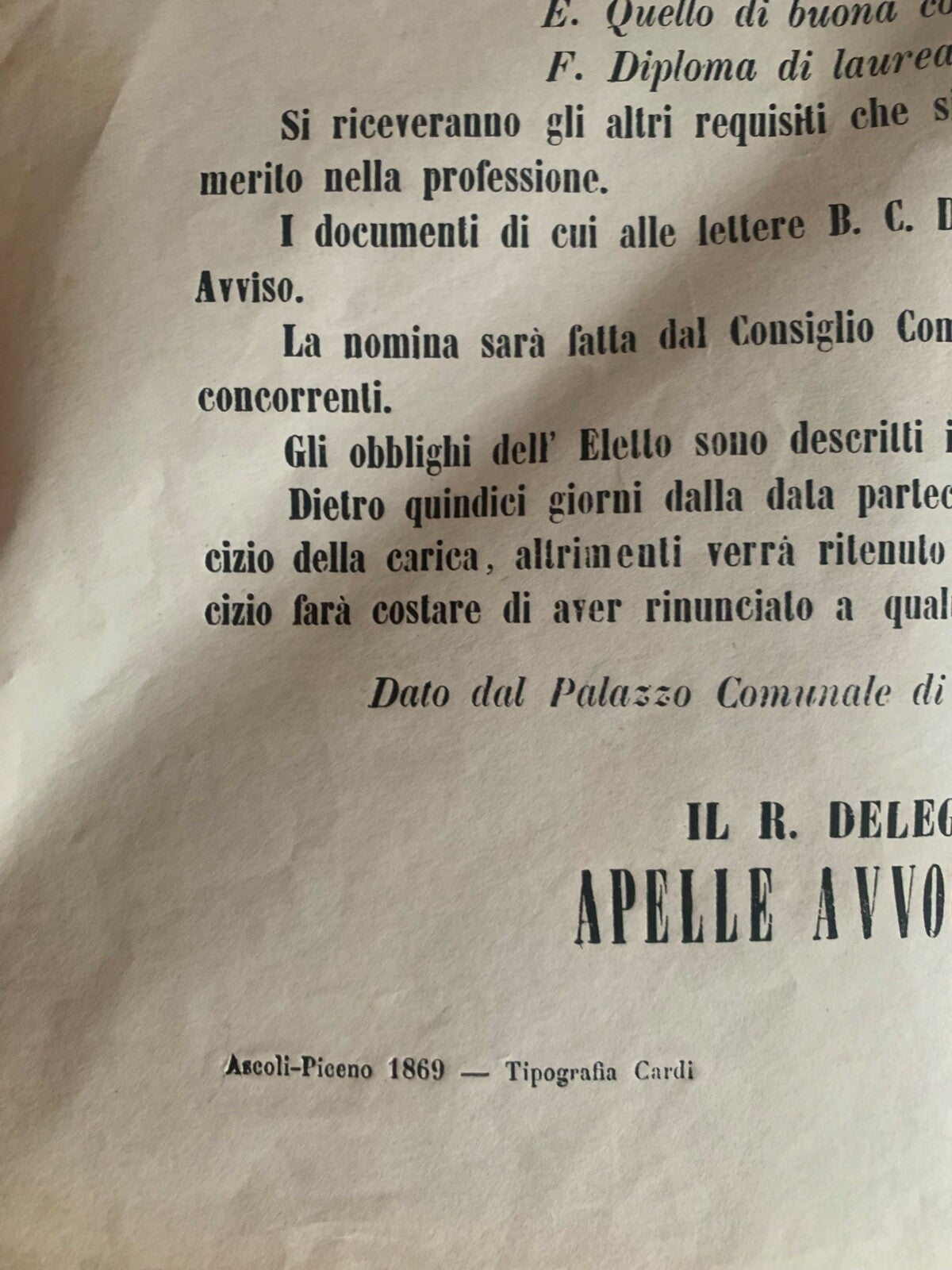 🔴 Stampa Avviso di concorso di Ascoli Piceno MEDICINA E CHIRURGIA epoca 1869