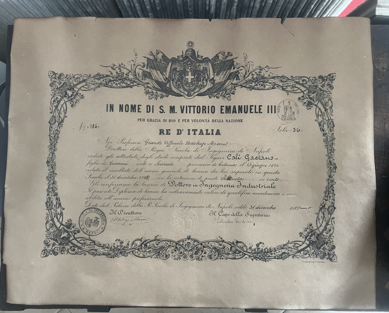 Regno Italie Diplôme Universitaire Ingénierie Vittorio Emanuele III 1924