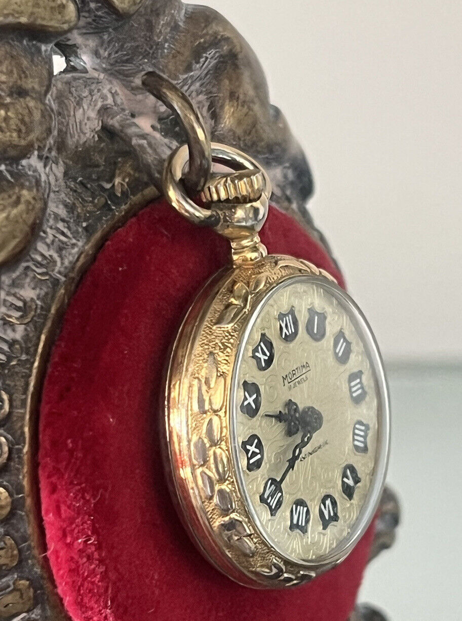 🔴 MORTIMA orologio tasca donna carica manuale cesellato dorato funziona vintage
