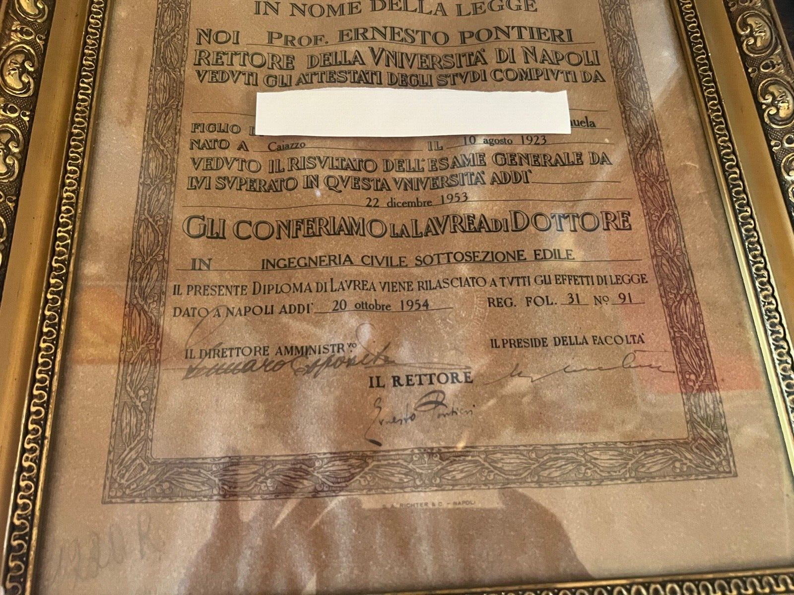 Diplôme Universitaire République Italienne Ingénieur Civil Construction Napoli