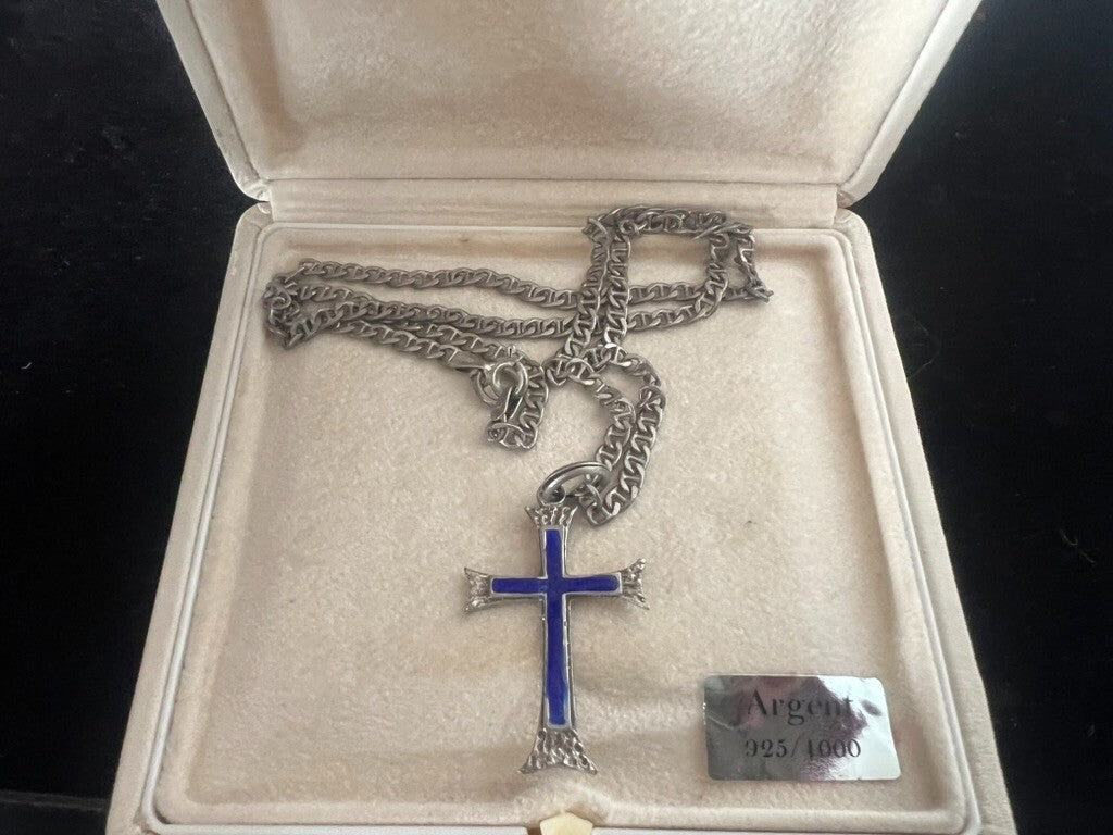 Collier ARGENT 925 Croix Avec Émaillons Bleus Longueur 50 Centimètres