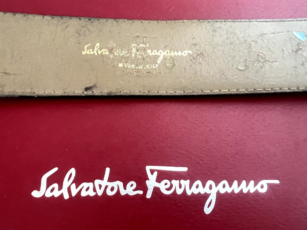 🔴 SALVATORE FERRAGAMO donna cinta cintura marrone ganci dorati con segni L 87