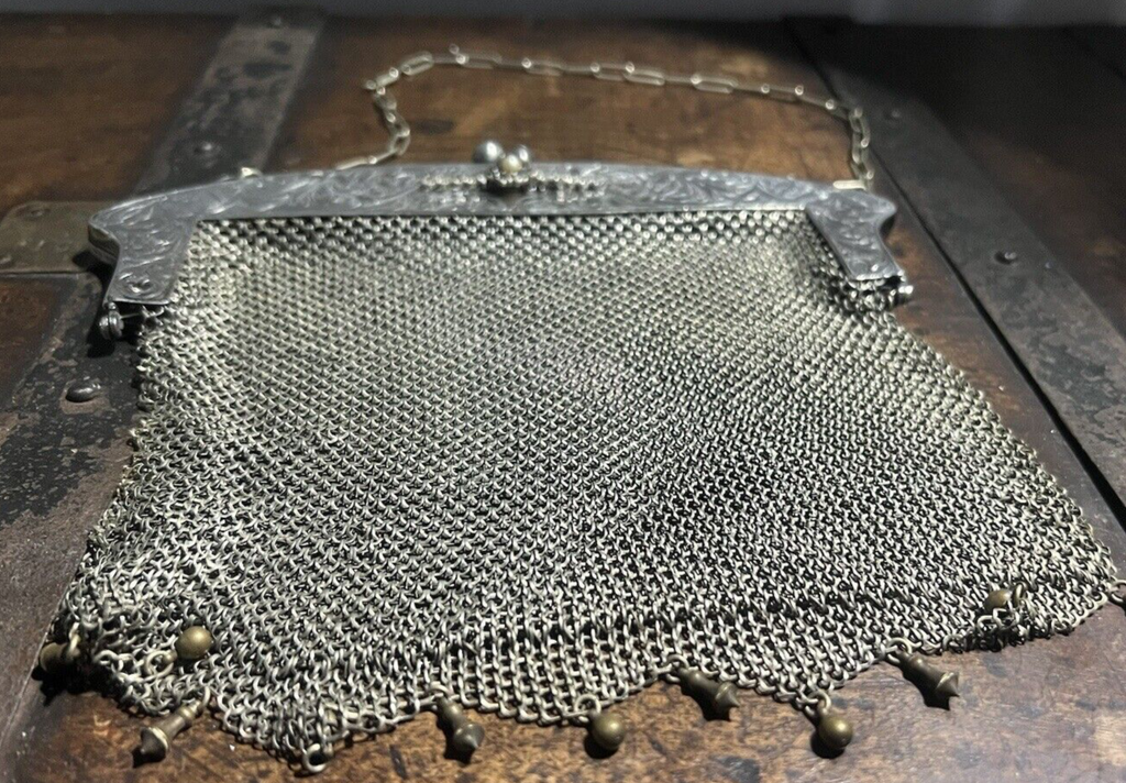 🔴 Borsa metallo filigrana fatta mano SILVER Germani con catena vintage art decò
