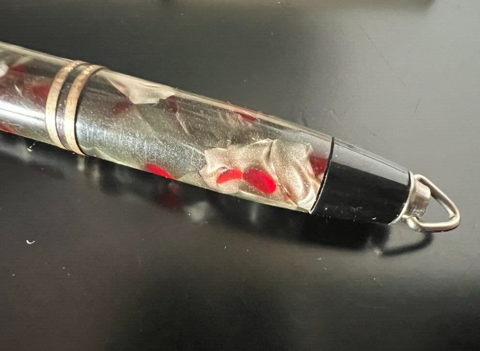 🔴 Vintage-Druckbleistift aus marmoriertem Zelluloid mit Haken. 