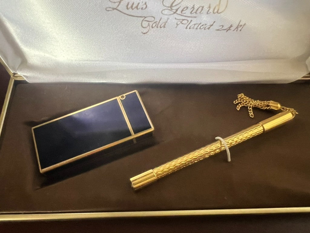Luis Gerard Lighter Lacquer Blue Works And Pen Silver Plated Gold 24 KT