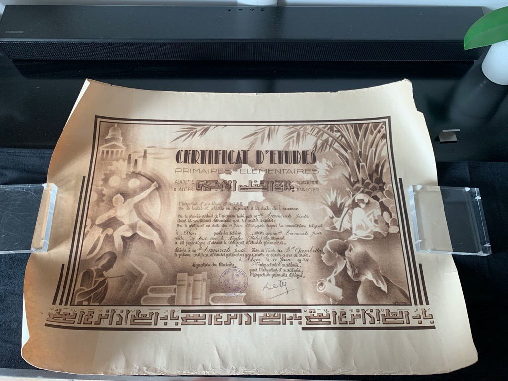 🔴 Drucken Sie das DIPLOM DER ELEMENTARSCHULE Algerien in französischem Originaltitel von 1954 