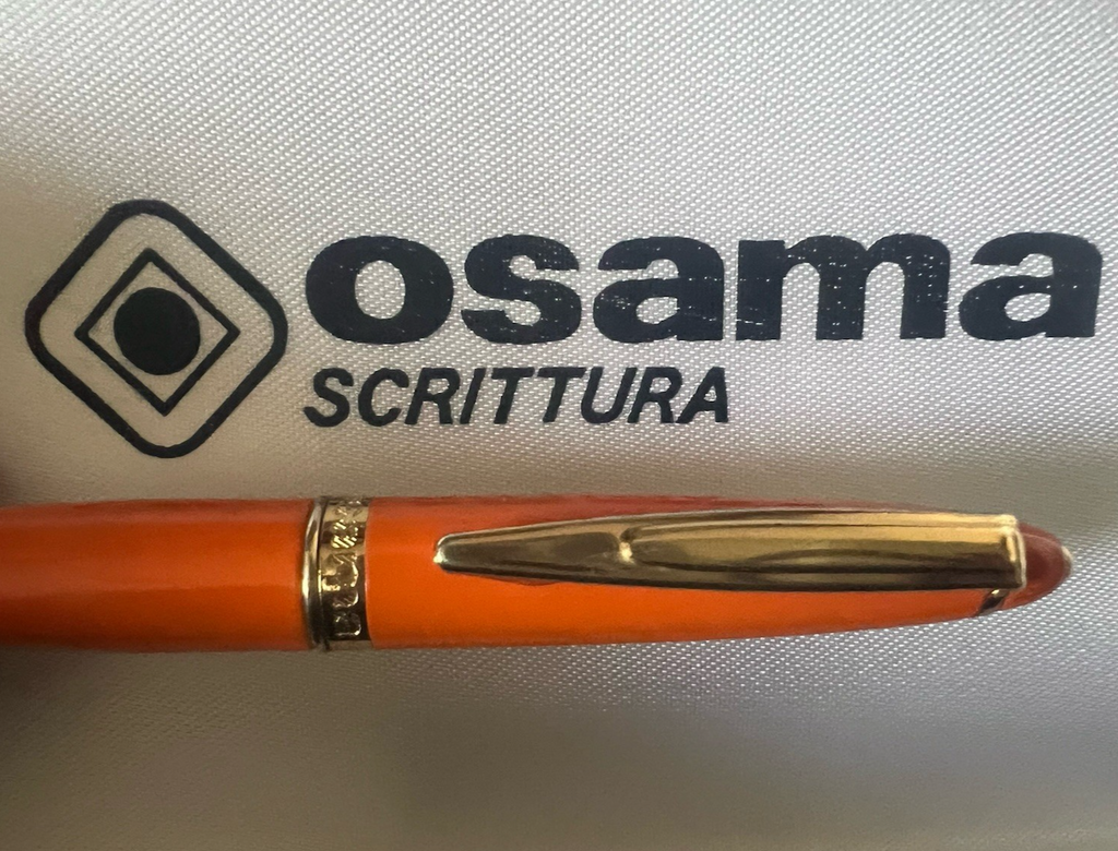 🔴 OSAMA penna sfera lacca arancione profili dorati scrive