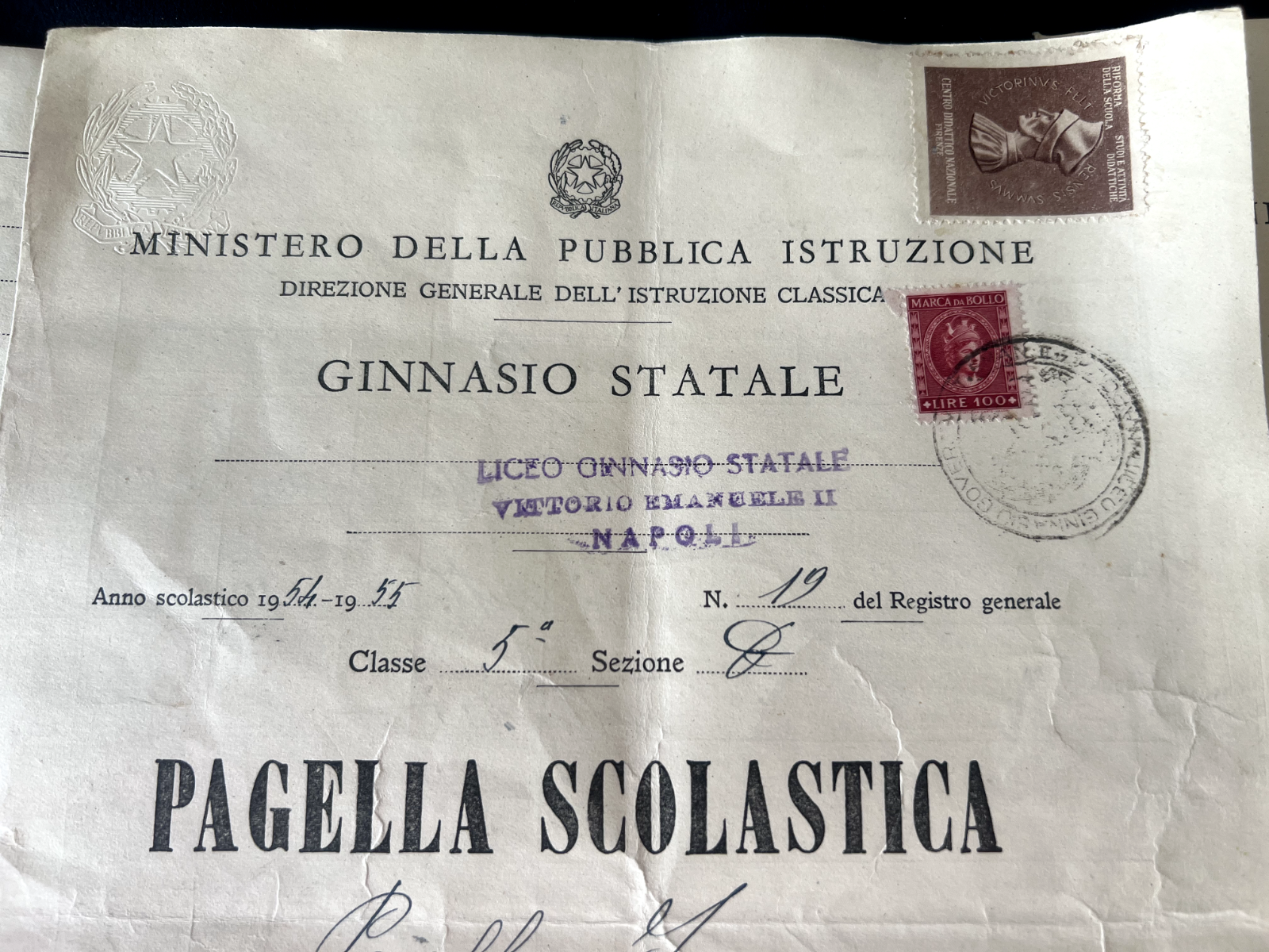 🔴 Pagelle SCUOLA MEDIA E LICEO CLASSICO GINNASIO timbri firme francobolli 5 z