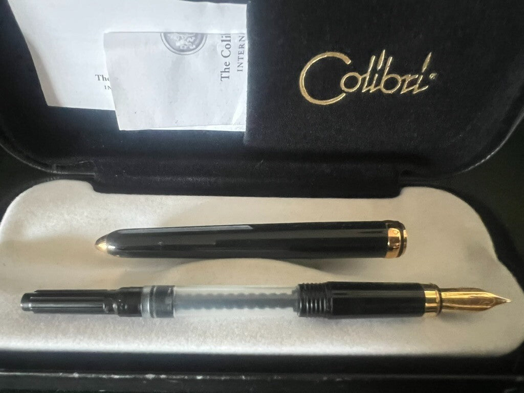 🔴 COLIBRI' penna stilografica lacca nera profili dorati pennino M con converter