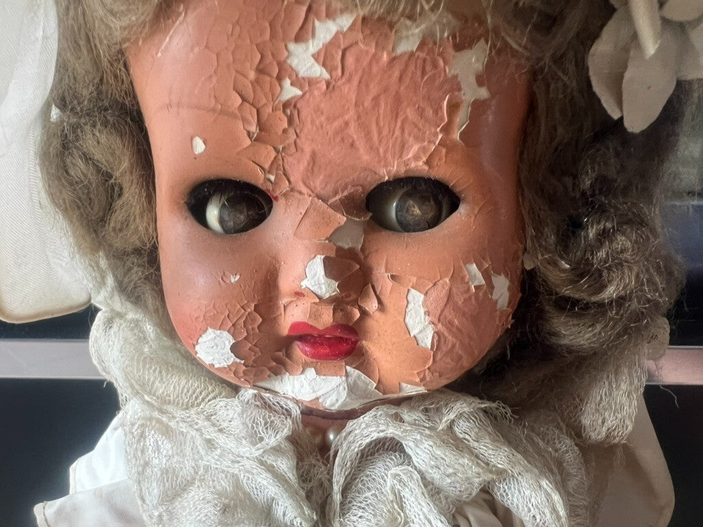 Poupée De Céramique Avec Robe Cousu À Main Hauteur 47cm Arts Articulé Vintage