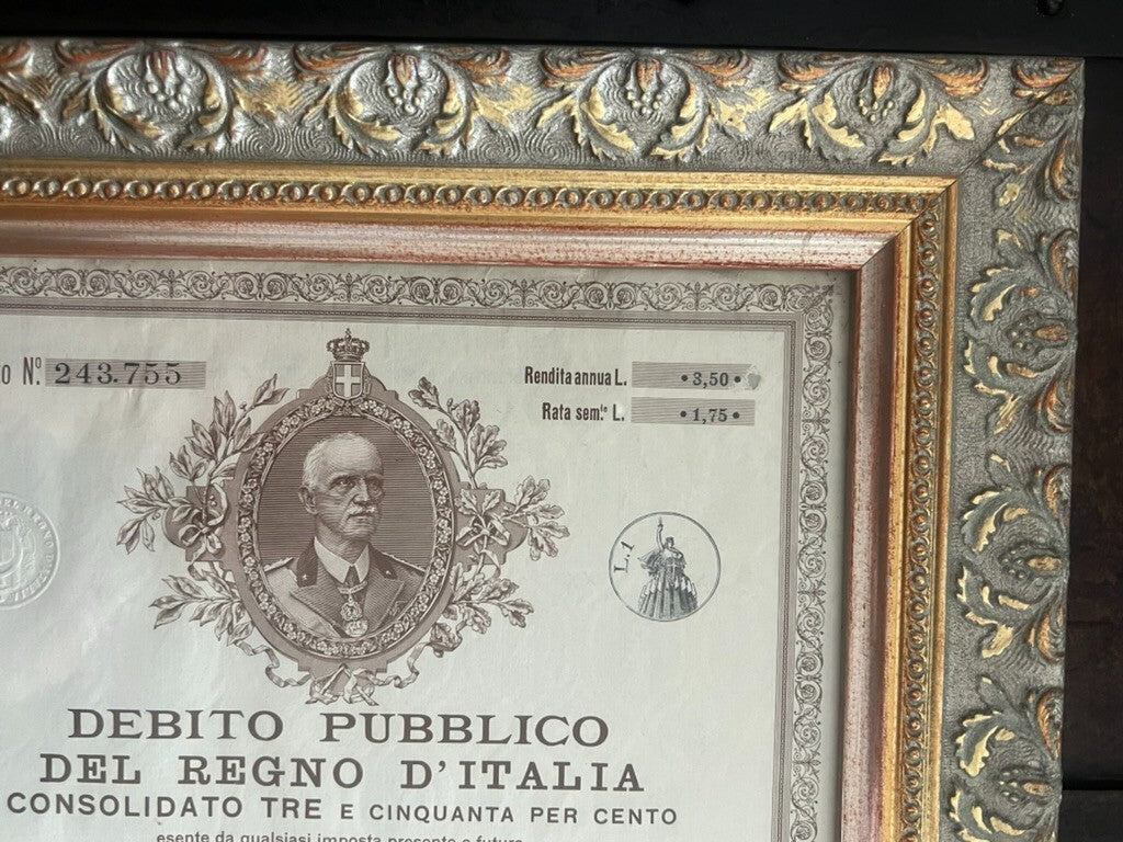 Regno Italie Paypal Publique Rendita Annua Roma 1943 Cadre D'Origine