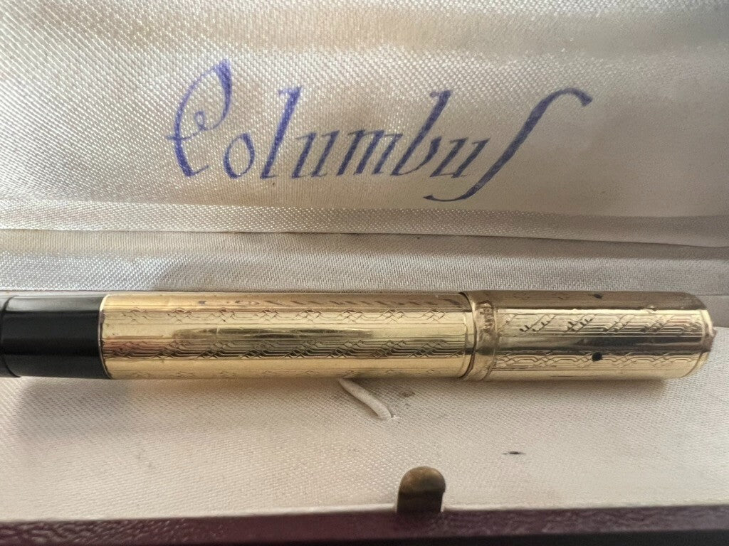 Red Columbus Retractable Engraved Fountain Pen Works Vintage 