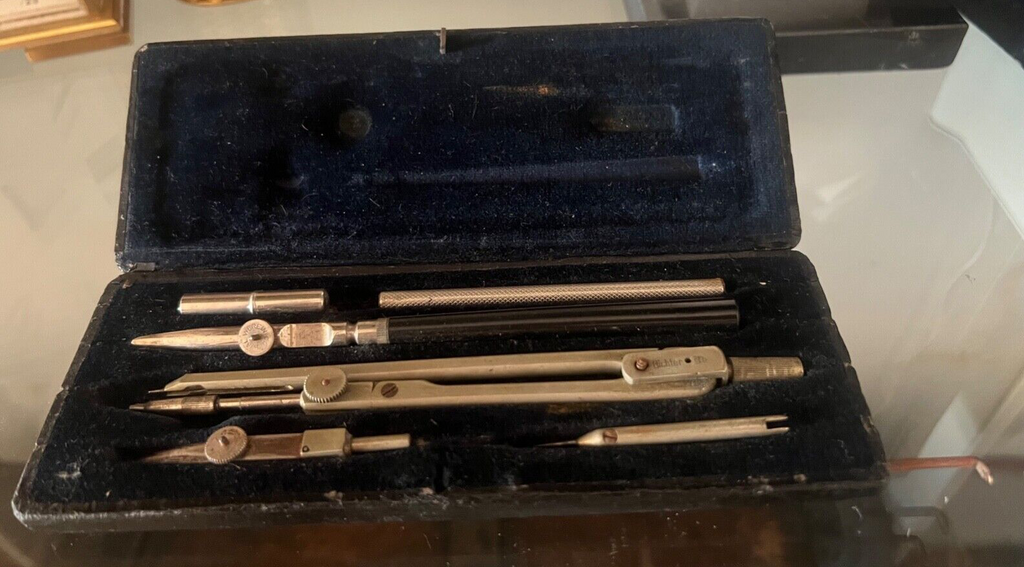 🔴 RICHTER Zirkel, technische Zeichenbox, Samt, Holz, Leder, komplett, VINTAGE 