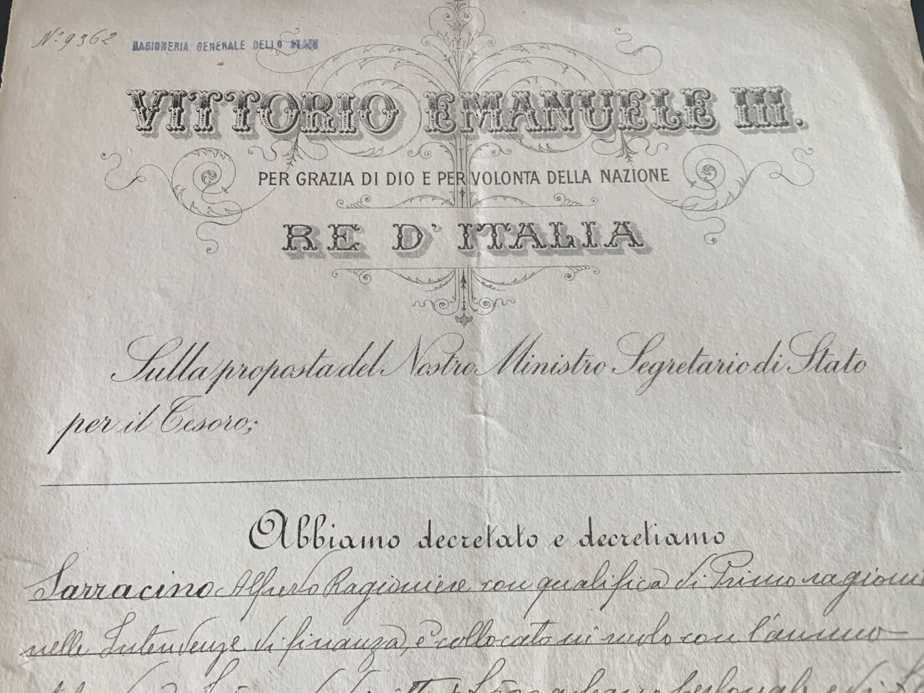 🔴 VITTORIO EMANUELE III, Titel FINANZRECHNER, Dekret des RECHNUNGSPRÜFERGERICHTS 1920 