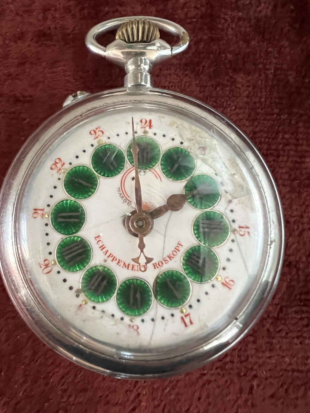 🔴 ROSKOPF Taschenuhr, Zifferblatt mit irisierendem Emaille, Handaufzug, Vintage 