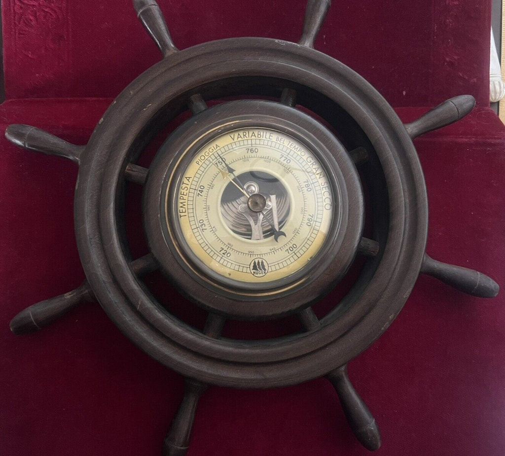 🔴 HUGER barometro timone legno meccanico a parete barca funziona vintage